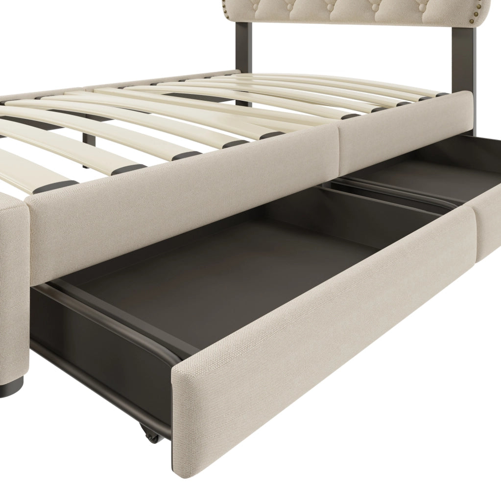 Letto imbottito 90x200 cm beige scuro con 2 cassetti e testiera regolabile