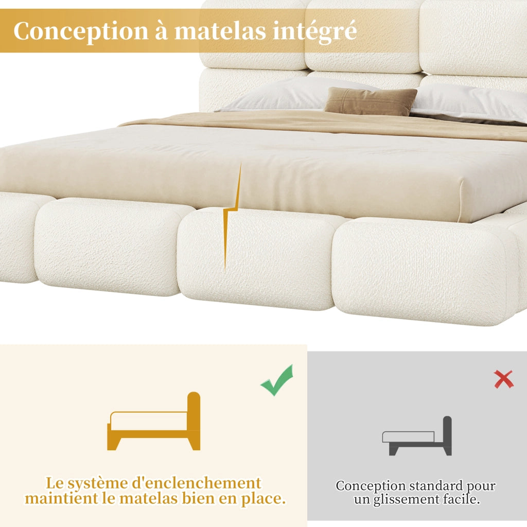 Letto matrimoniale contenitore imbottito 200x200 cm design nuvola bubble con ampio vano; bouclé bianco