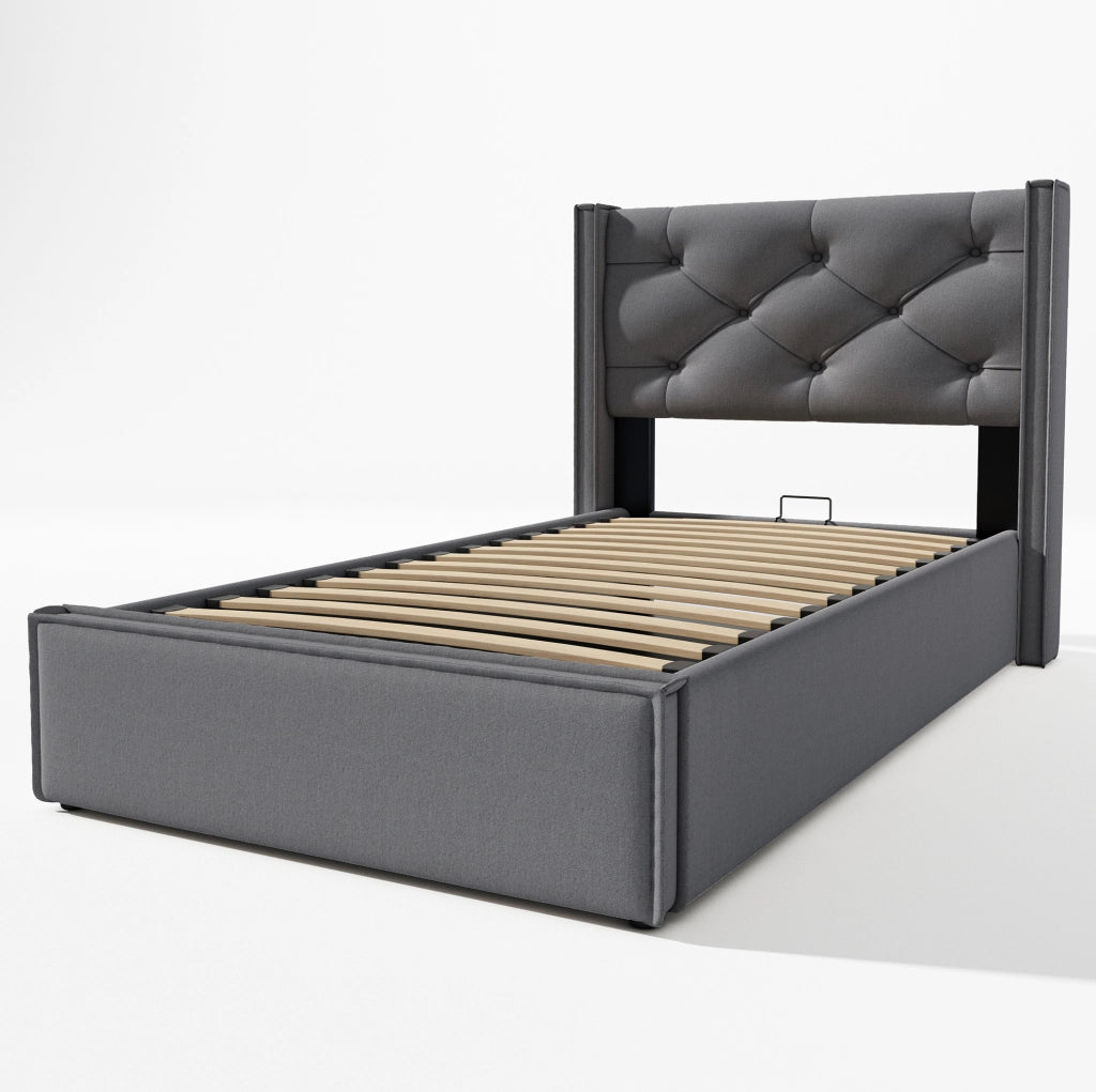 Letto singolo imbottito 90x200 cm con contenitore e rete a doghe; grigio in cotone