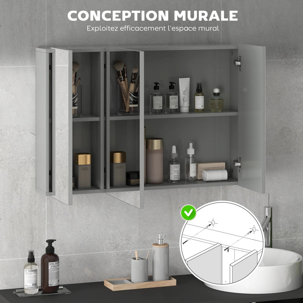 Armadio a muro per bagno con 3 ante specchio e ripiani regolabili ¨C Zephmum ¨C MDF grigio 90x60x15 cm