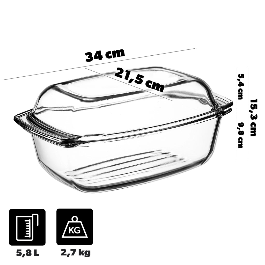 Teglia da forno rettangolare in vetro grande KADAX da 5,8 litri con coperchio