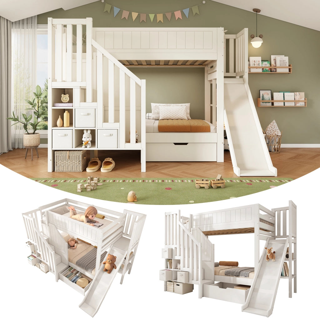 Letto a castello 90 × 200 cm con scivolo, scaletta-armadio, cassetti e ripiano, senza materasso, bianco