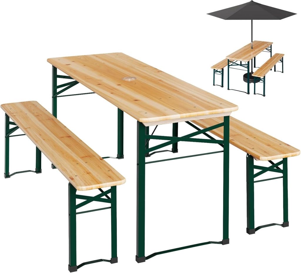 Set Birreria 3 Pezzi con Tavolo e 2 Panche Pieghevoli, Set Giardino Esterno con Anelli per Ombrellone, Resistente alle Intemperie e Facile da Pulire, per Campeggio, Terrazza, in Legno Naturale