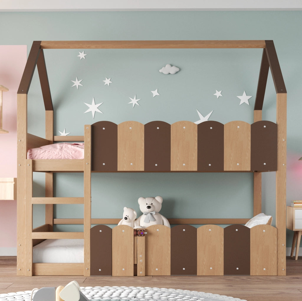 Letto a castello per bambini a forma di casa 90x200 cm in legno naturale con sbarre di sicurezza