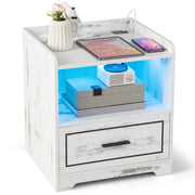 Comodino a LED con 2 porte USB ripiano aperto e cassetto, Tavolino vintage da divano Bianco-Comodini