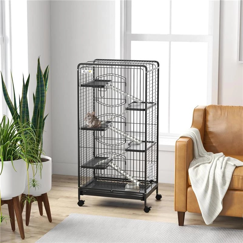GABBIA PER PICCOLI ANIMALI CON RUOTE 5 RAMPE E 5 PIATTAFORME CIOTOLA E BOTTIGLIA 61.5X44X131 CM NERO