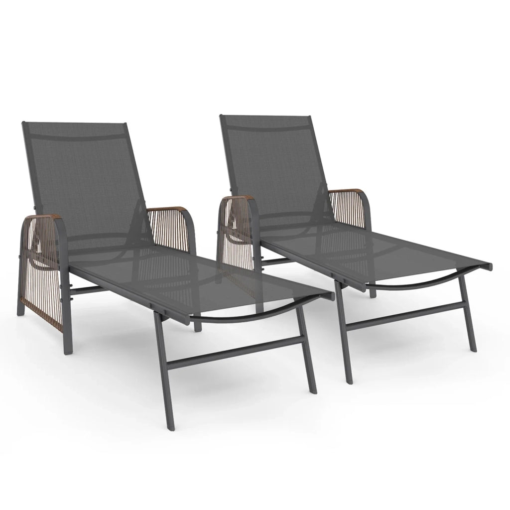 IDMarket - Set di 2 lettini da giardino reclinabili RIO in acciaio grigio antracite, corda in rattan con braccioli e tela grigia