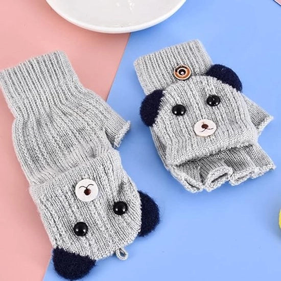 Manopole per bambini con dita divise, cagnolino cartoon, bambini, dita aperte, caldo invernale, grigio