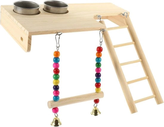 Accessorio per Gabbia degli Uccelli - Accessorio per Gabbia - Arrampicata e Gioco - Legno Duraturo e Acciaio Inossidabile - 28x28x28 cm - Multicolore