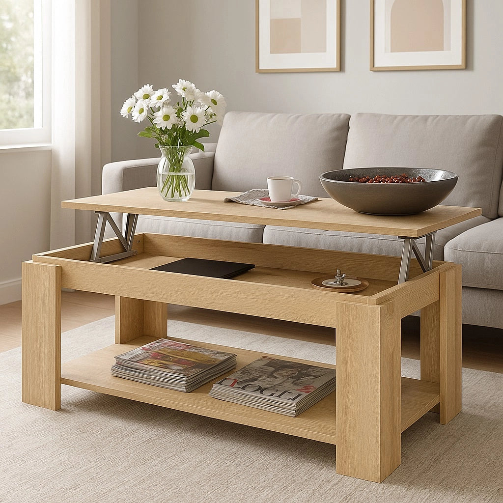 Tavolino Soggiorno Salotto Moderno con Rialzo Vano Contenitore Apribile Legno Beige