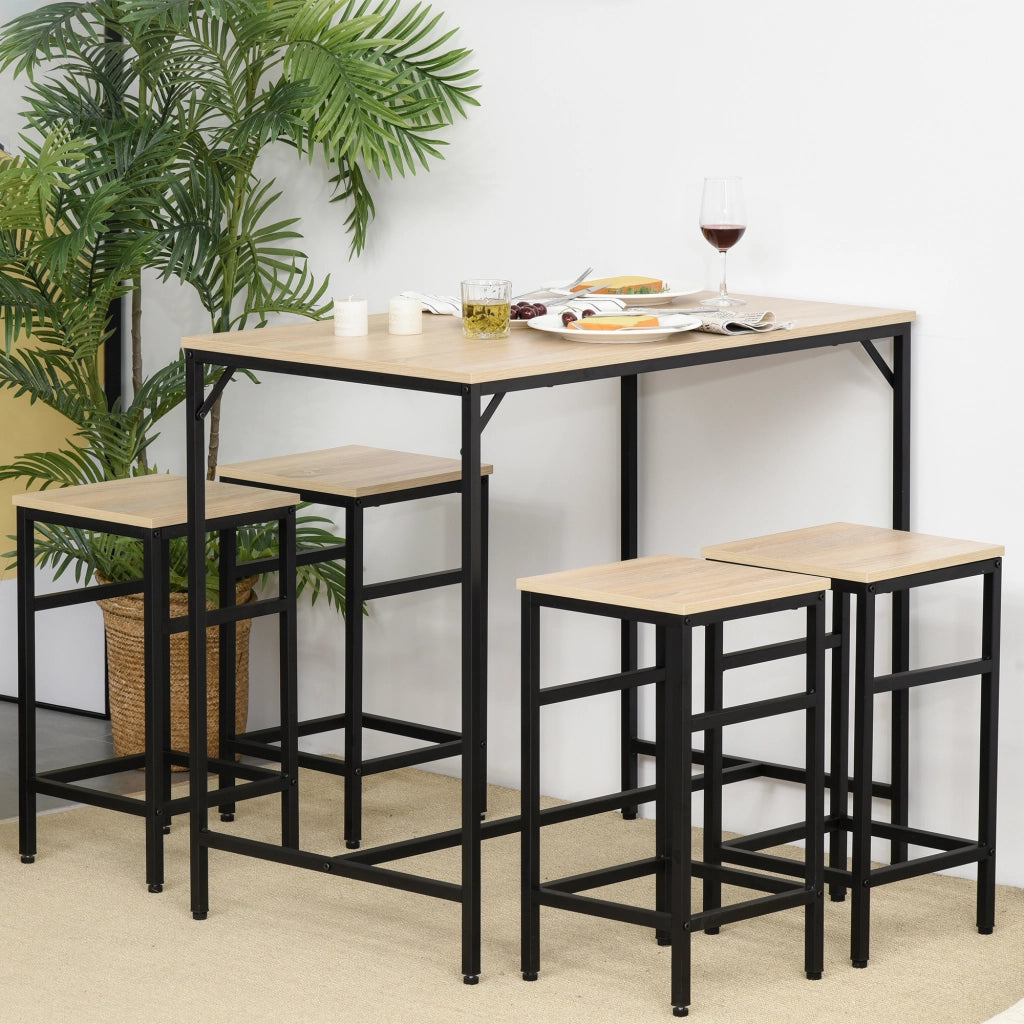 EasyComfort Set Tavolo Alto con 4 Sgabelli Stile Industriale in Metallo e Legno, Rovere Chiaro