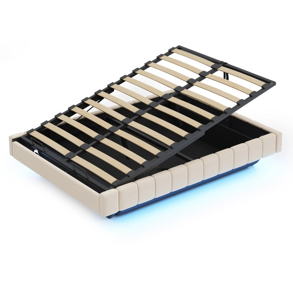 Letti contenitori 160x200 cm; sollevabile con LED; senza testiera; lino beige