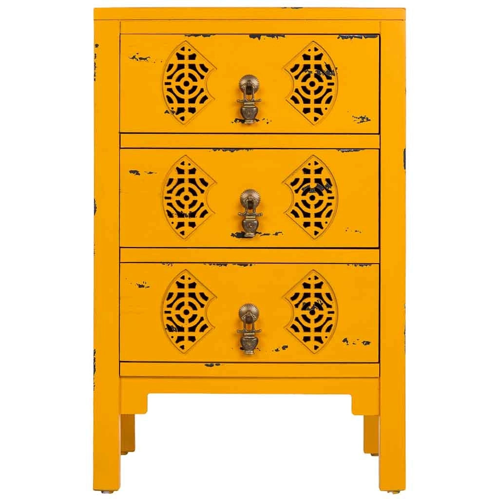 Mesita de madera con 3 cajones amarillo 45x36x70