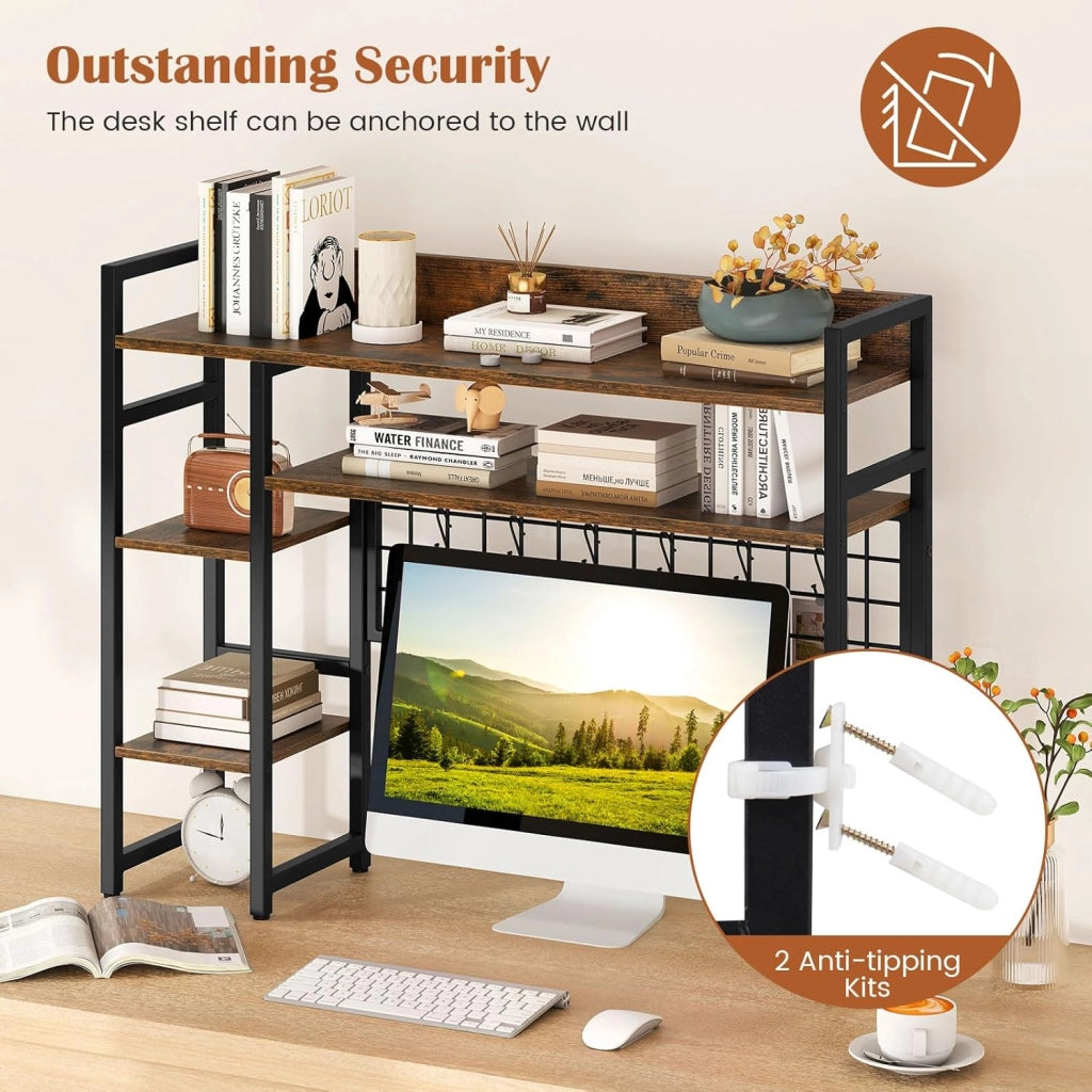 Scaffale da scrivania, scaffale autoportante con 4 ripiani, scomparto aperto, griglia in metallo e 6 ganci rimovibili, risparmio di spazio, libreria per ufficio, cucina, soggiorno (marrone)