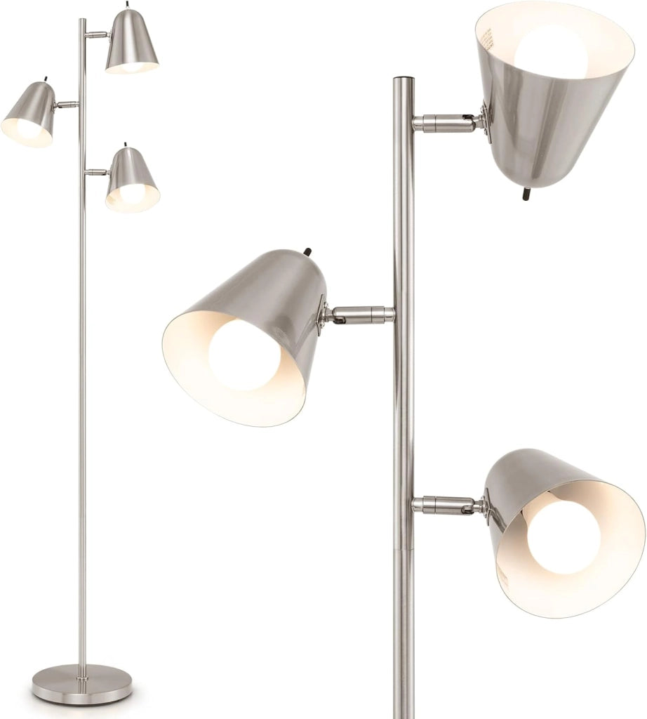 Lampada da Terra Salotto Moderna con 3 Lampadine e Paralumi Regolabili, Interruttore Indipendente, Lampada a Stelo in Metallo con Base Stabile per Camera da Letto e Ufficio (Argento)