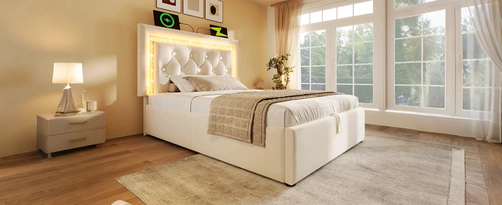 DESMIU Letto singolo 90 × 200 cm con LED, USB e Type-C, contenitore idraulico, senza materasso, in velluto beige