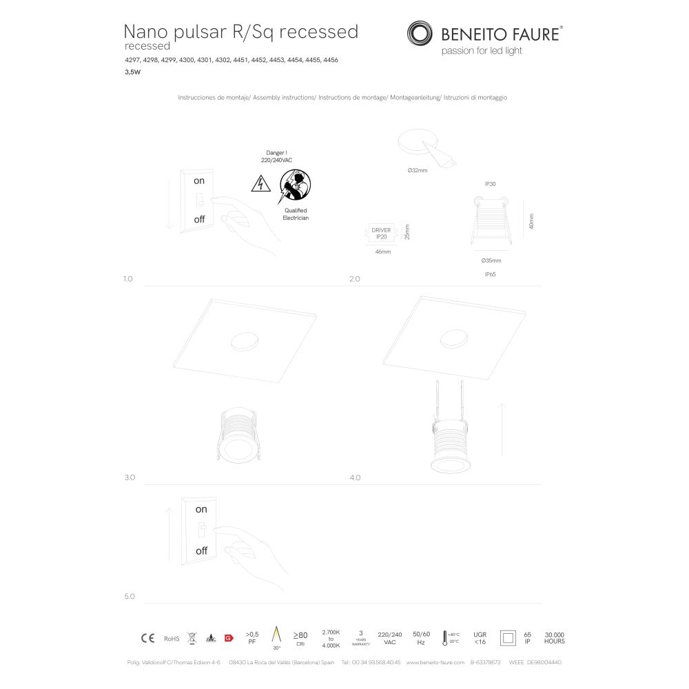 Nano Pulsar R Recessed - Faretto da incasso per interni 3.5W Fascio 30° Nero Opaco Punto luce piccolo 35mm 3000K - Beneito & Faure