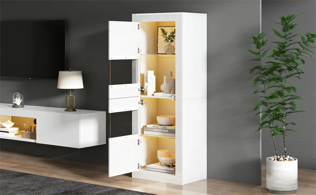 Vetrina con Illuminazione LED ¨C Xylo ¨C Bianco, Ripiani in Vetro, 61x42x162 cm