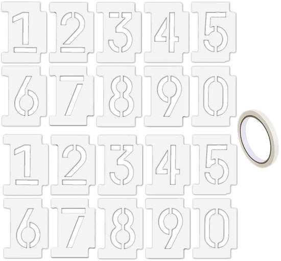 Schede per numerazione 20 pezzi - Stencil numerici riutilizzabili in plastica - Adesivo per rimuovere 20 metri - Flessibile e duraturo - Per dipingere e DIY - Stencil numerici