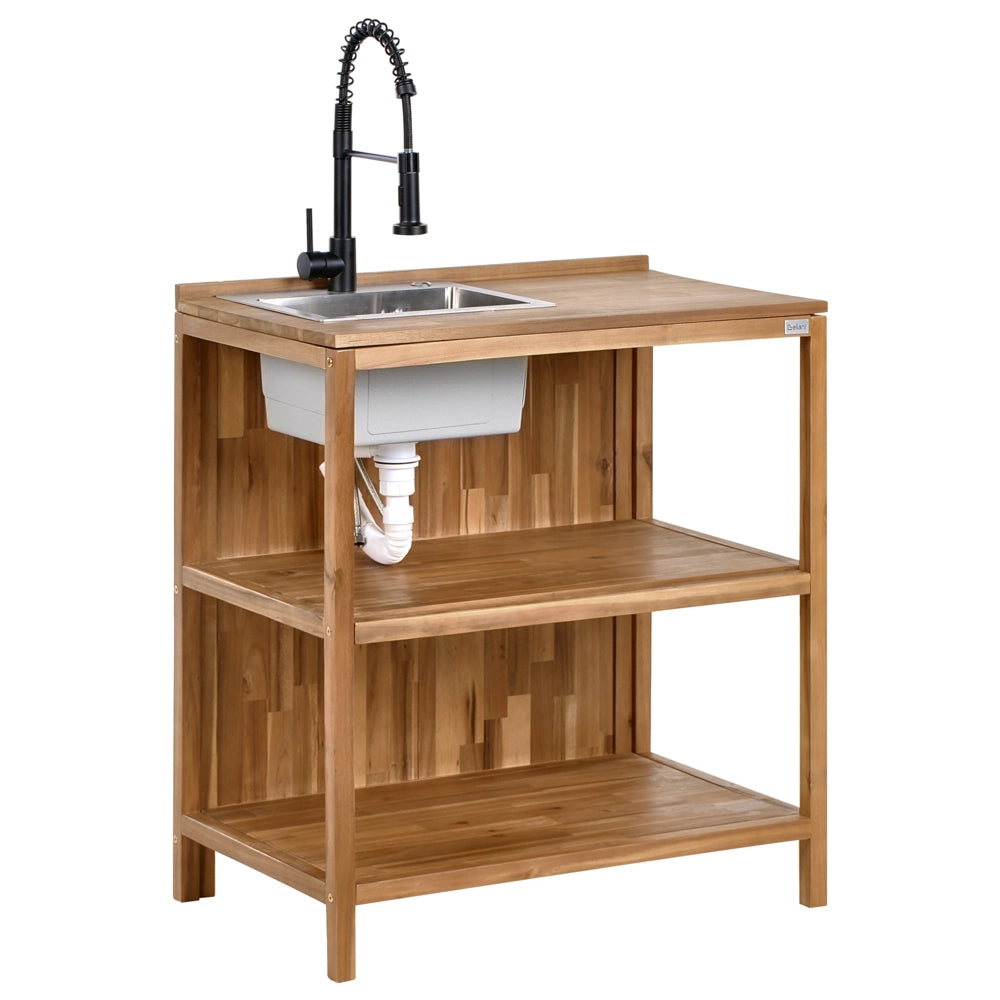 Isola da cucina per esterni con lavello e rubinetto in legno di acacia marrone e nero a 2 ripiani in acciaio inox con piano 50 x 80 x 90 cm