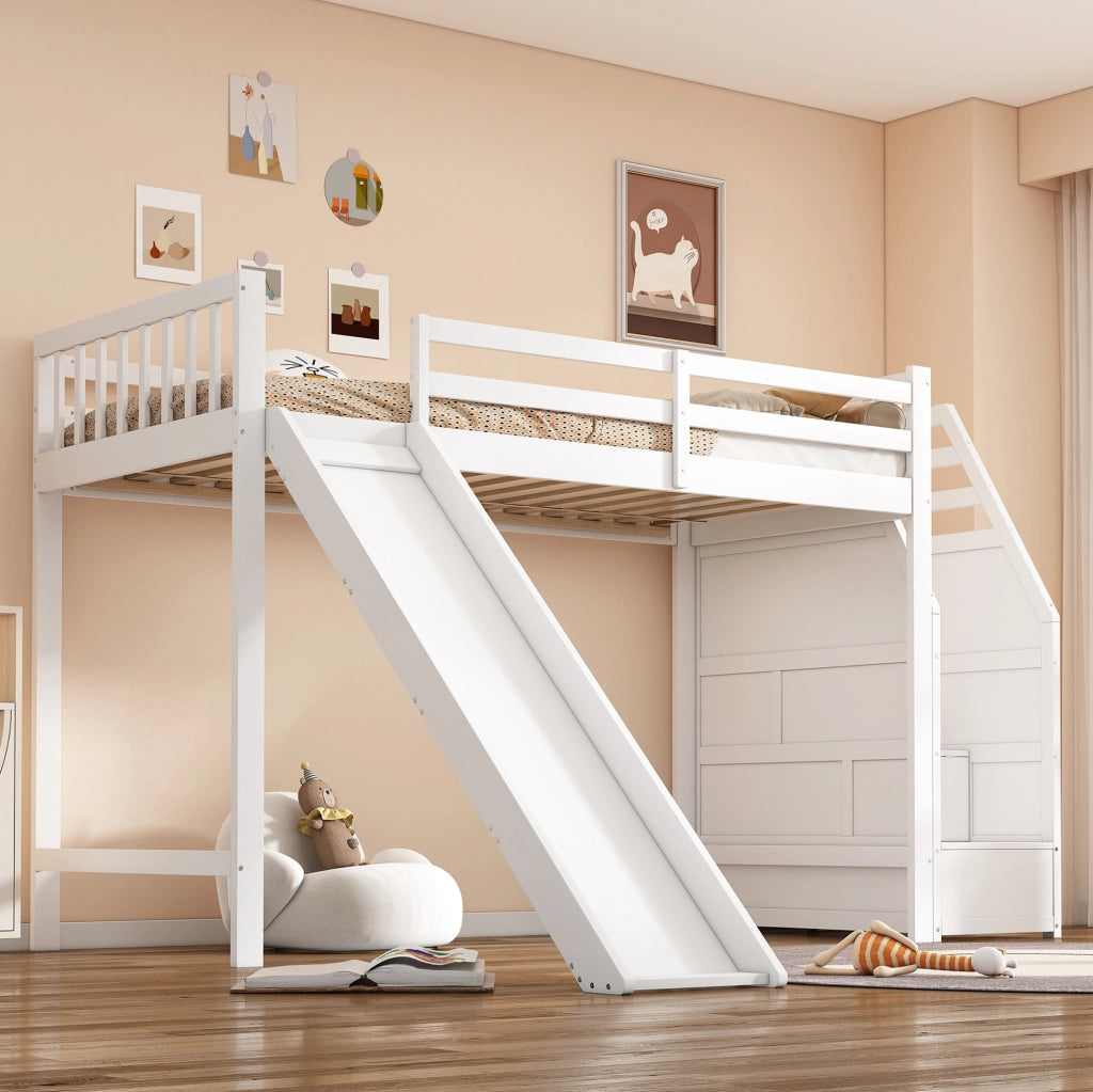 Letto a soppalco per bambini 90x200 cm con scivolo; scala contenitore; bianco