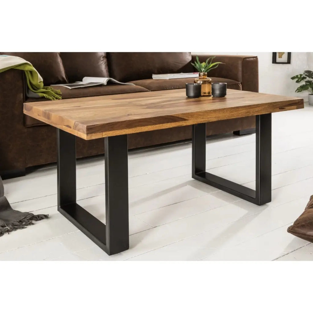 Tavolino basso LODEN 100 cm in legno massiccio di Sheesham e metallo nero – stile industriale