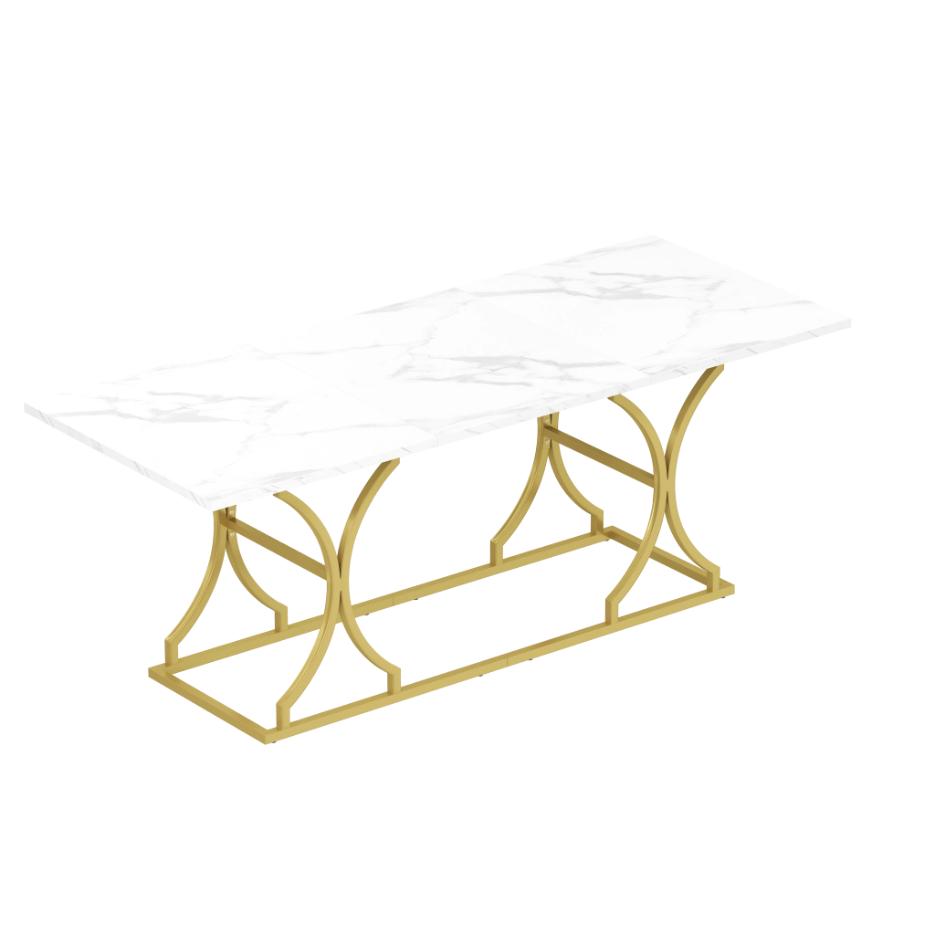 Tavolo da Pranzo 200x80x76 cm per 8-10 Persone; Piano Effetto Marmo Bianco e Gambe in Metallo Dorato