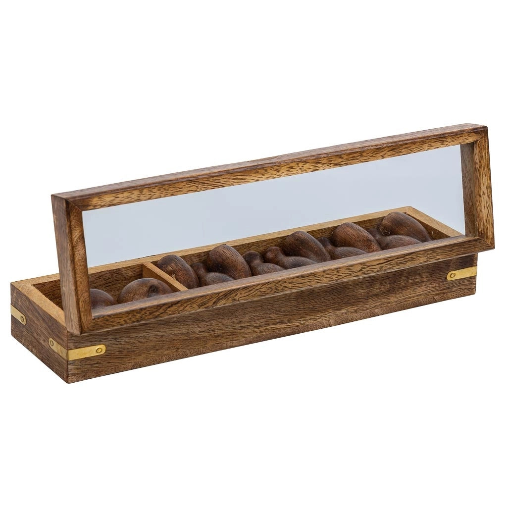 Gioco di bowling (10 pezzi + 2 palline) in scatola di legno marrone 25,5x7x5h