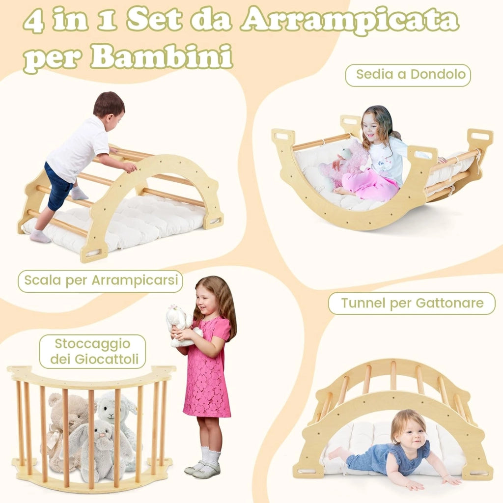 Arco da Arrampicata per Bambini, 2 in 1 Altalena ad Arco in Legno con Cuscino Morbido, Doppia Faccia, Ideale per Bambini 1+ Anni (Naturale)