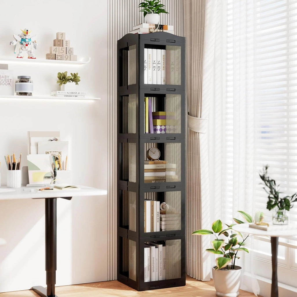 Libreria Girevole Pieghevole, Scaffale Traslucido Girevole a 360° con Base Rotante, Scaffale Alto Angolare da Esposizione per Soggiorno, Studio (Nero,5 Livelli)