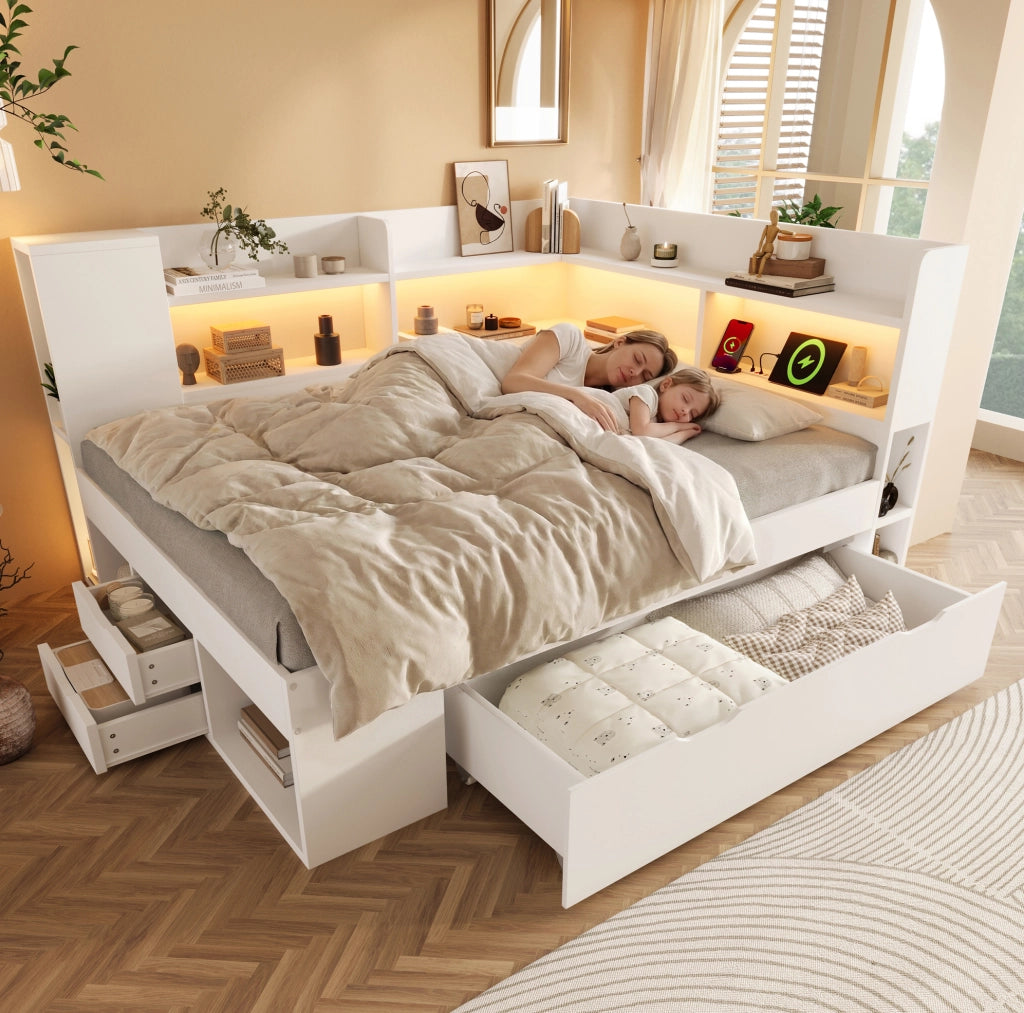 Letto da giorno ULEVR 140x200 cm con materasso, LED, USB e Type-C, cassetti e ripiani, bianco