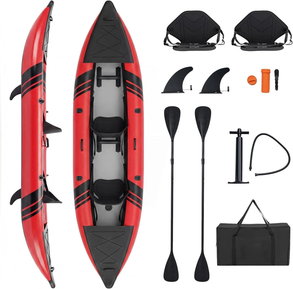 Kayak Gonfiabile 2 Posti, Kayak da Pesca Gonfiabile e Portatile 381 cm con 2 Sedili Imbottiti e Poggiapiedi Regolabili, Remi in Alluminio, Pompa a Mano, Ideale per Lago e Mare