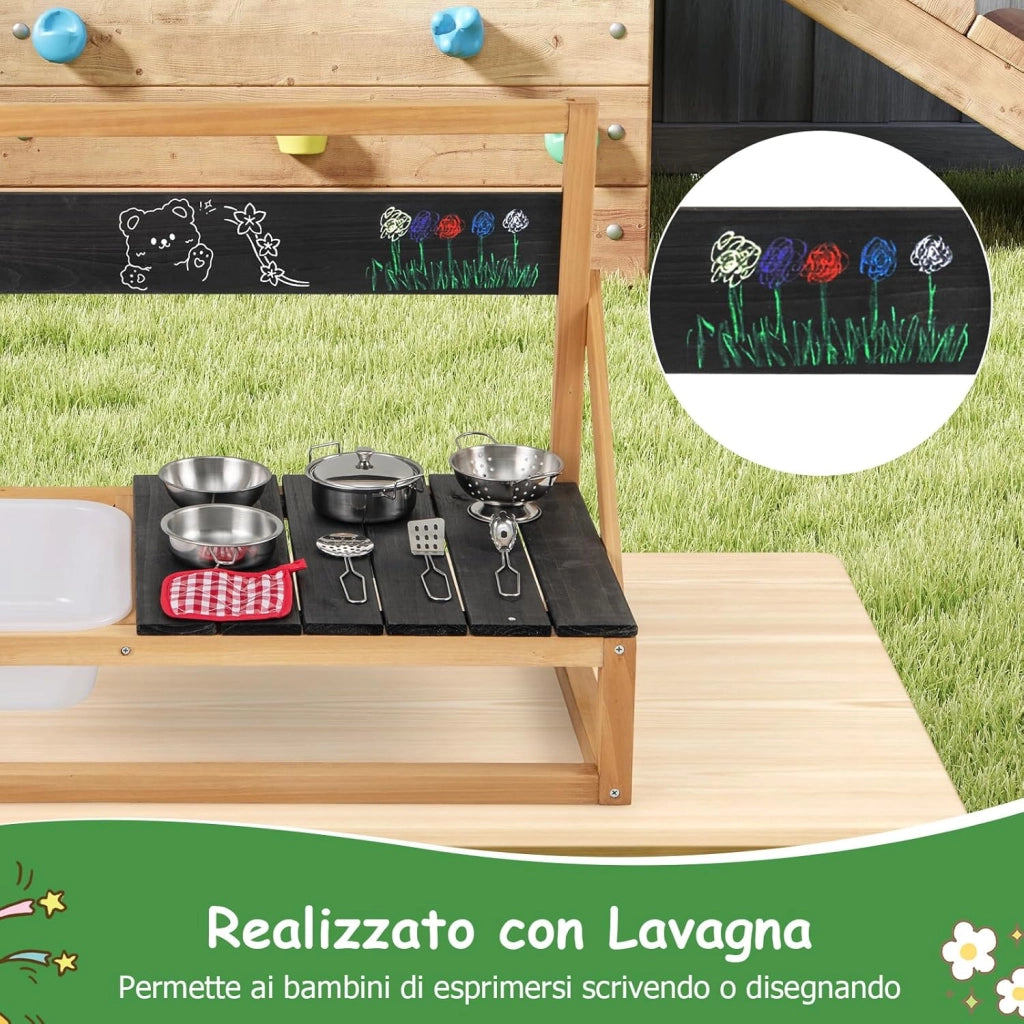 Cucina Giocattolo per Giardino in Legno di Abete, Cucina per Fango da Esterno per Bambini con Ganci, Lavagna e Lavandino, Set Cucina con 9 Accessori, 81 x 36 x 49 cm, per Bambini 3+ Anni
