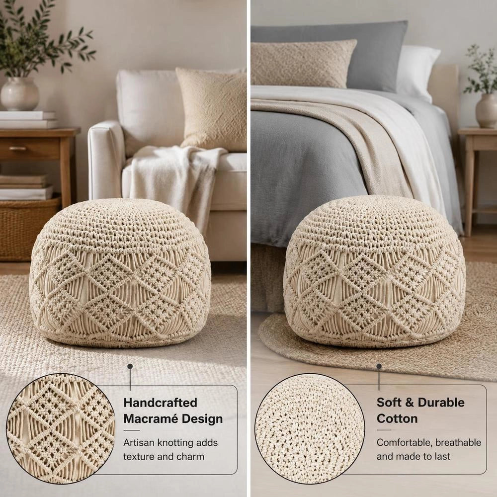 Macrame Pouf, Handmade, 45 X 30 Cm, Cotton