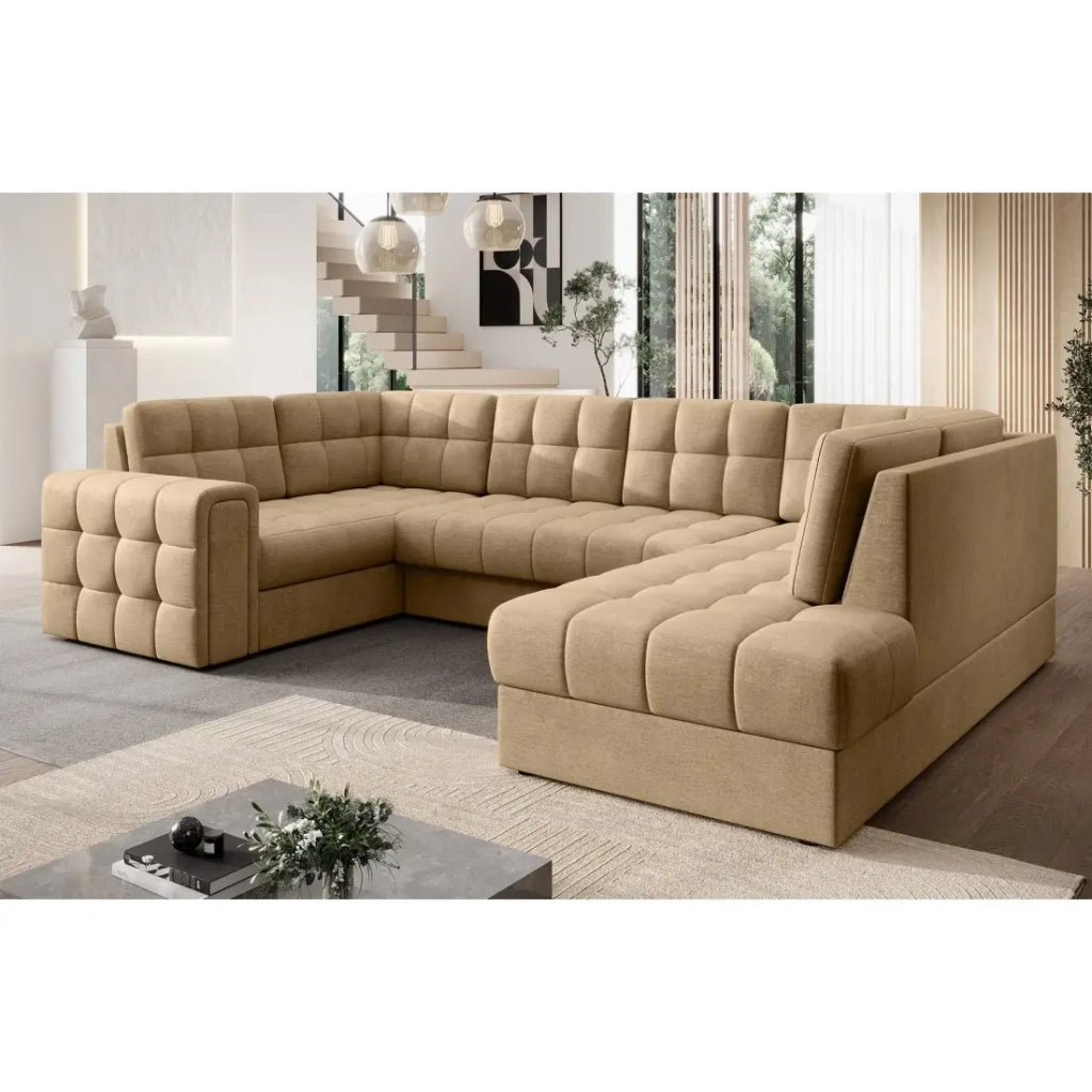 Divano angolare convertibile MONTEZA marrone chiaro 299 cm con contenitore e letto