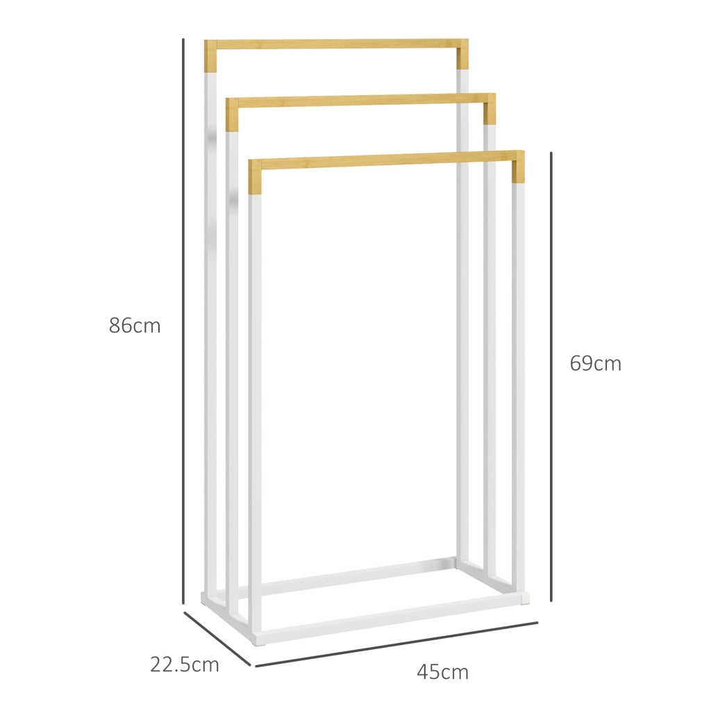 Portasciugamani Autoportante a 3 Sbarre 45x22,5x86 cm in Bambù e Acciaio Bianco e Legno
