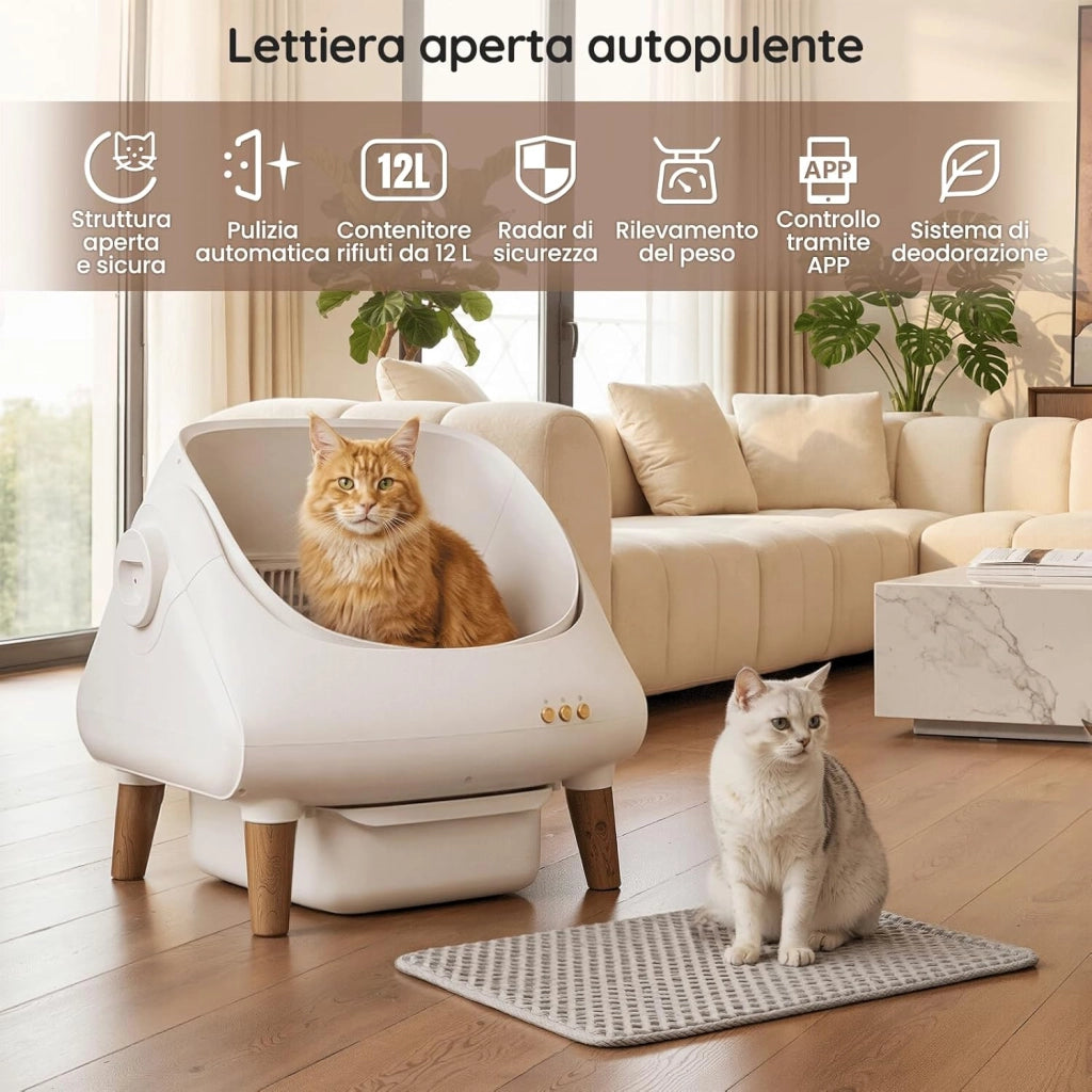 Lettiera Gatto Autopulente, Controllo tramite APP, Aperta Lettiera Automatica Gatto, XXL, per Gatti fino a 15 kg, Autopulizia per 15 Giorni, Adatta per Famiglie con Più Gatti