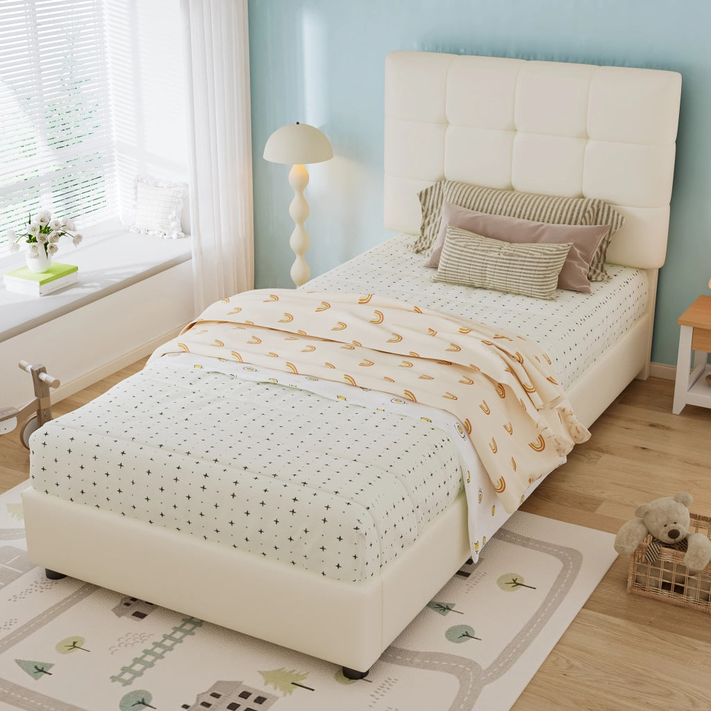 Letto per Bambini 90x200 cm; Letto Singolo - Testiera Imbottita e Bordi Antiurto - Beige