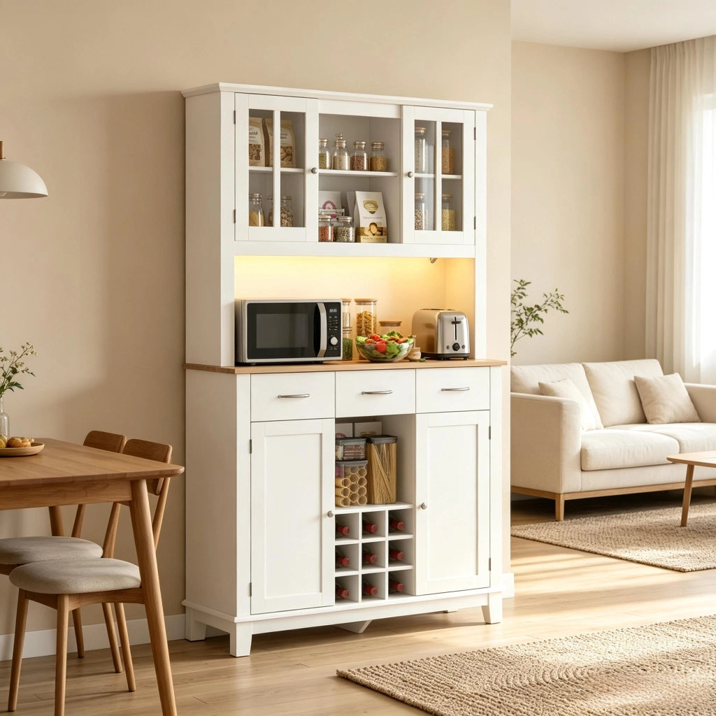 Dispensa alta con LED RGB, 2 ante in vetro, 3 cassetti e portabottiglie, per cucina, bianco, 100 × 39,5 × 180 cm