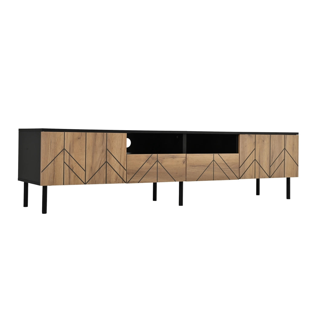 Mobile porta TV moderno con 2 cassetti e 2 ante, per soggiorno, in truciolato, nero e effetto legno, 180 × 40 × 45 cm