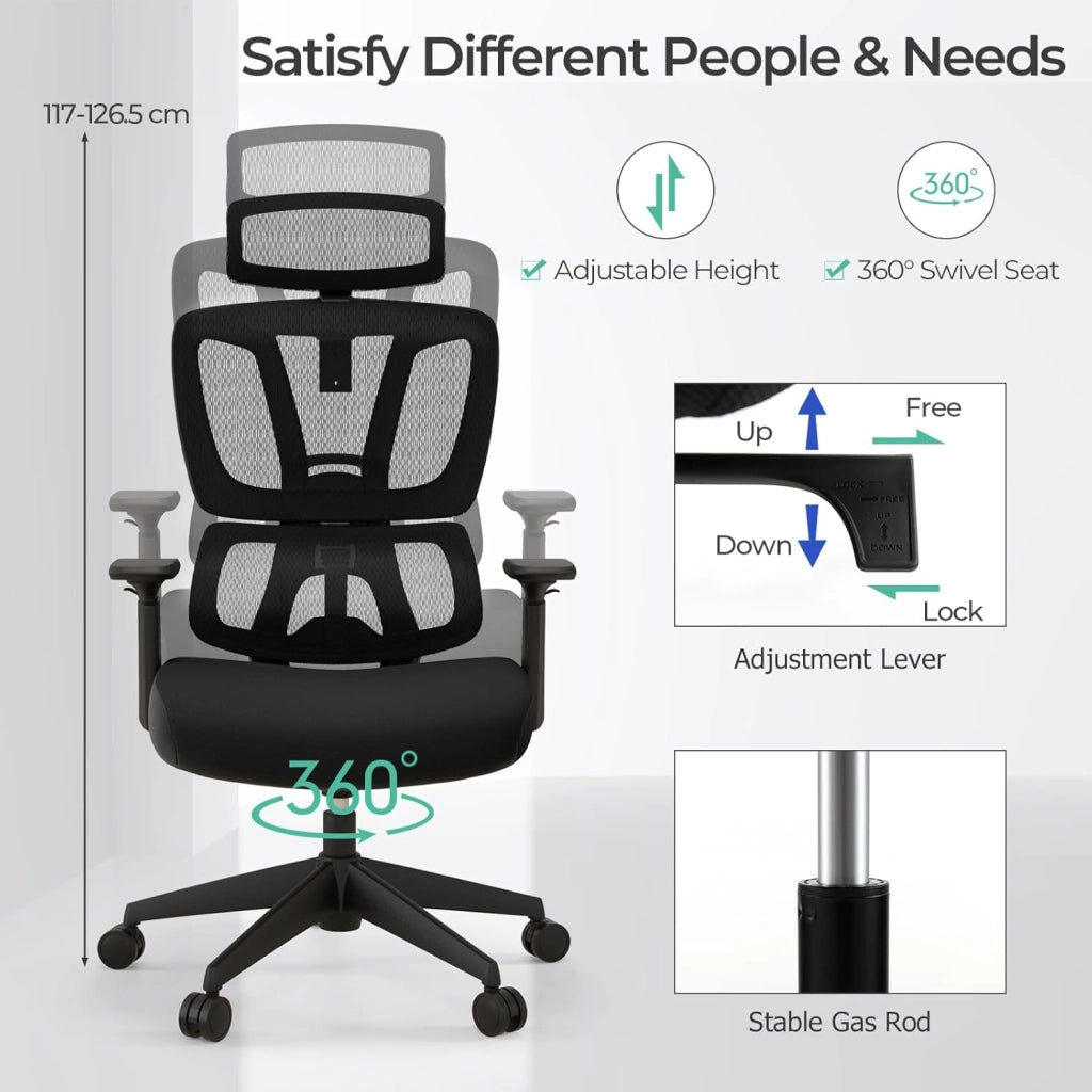 Sedia da ufficio ergonomica con rete traspirante sedia da ufficio regolabile con supporto lombare con poggiatesta e braccioli, girevole con seduta imbottita, nera