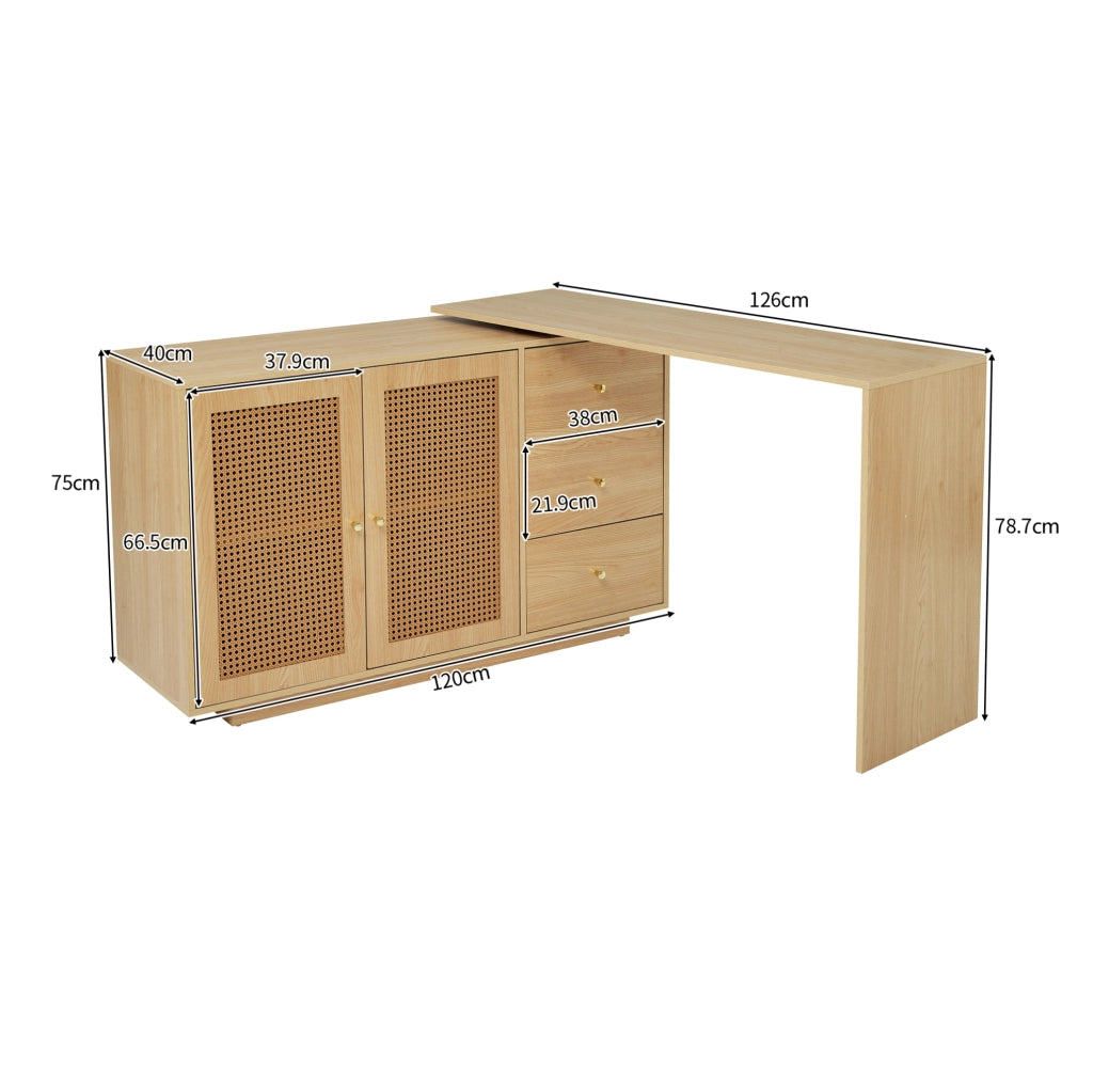 Scrivania 126x40x75 cm con tavoli girevoli a 360°; 3 armadi; MDF; naturale