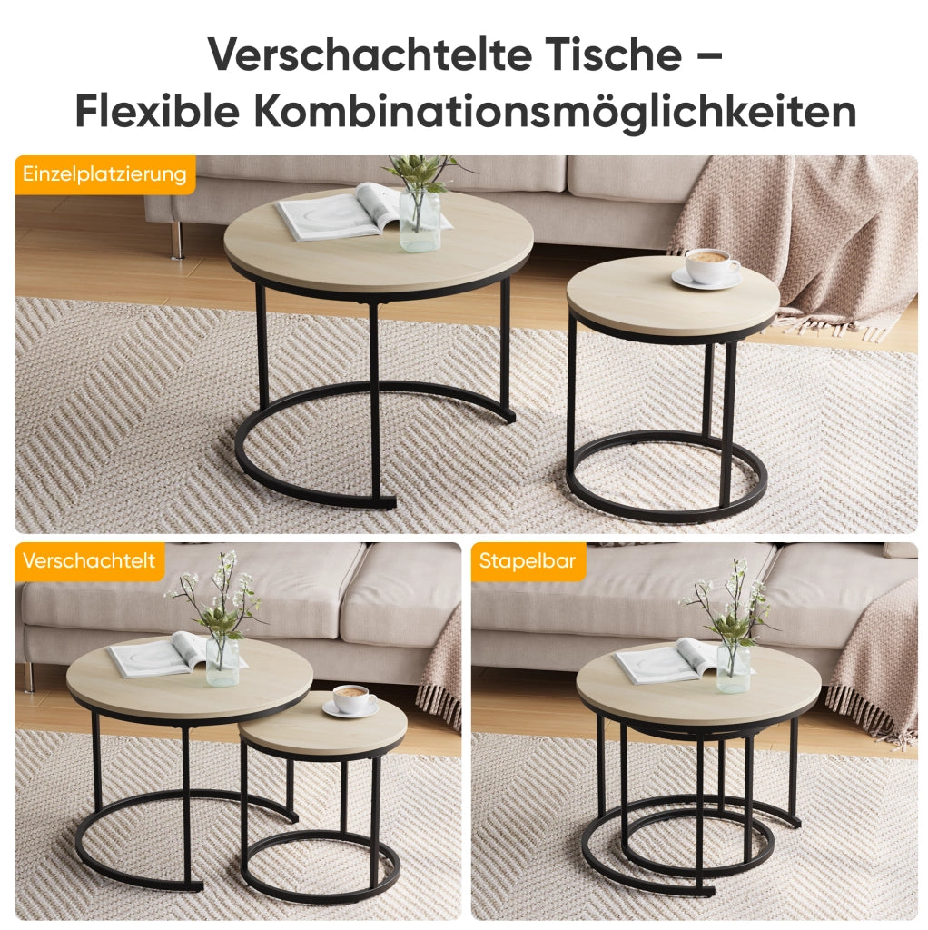 Set di tavolini da salotto rotondi impilabili in legno effetto rovere e metallo nero; 60 cm