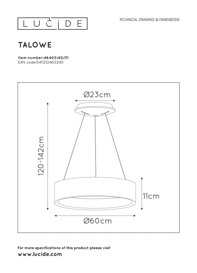 Lucide Talowe lampada a sospensione LED 39W 3000K bianca