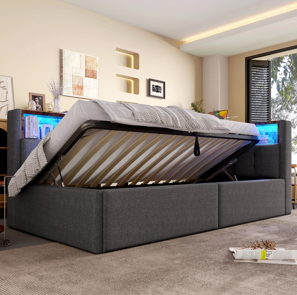 Letto da giorno 90x200 cm grigio con LED, USB e vano idraulico