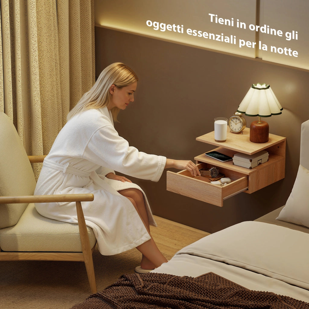 Set di 2 Comodini Sospesi 35x32x22,5 cm con Cassetto e Mensola Aperta in Legno Rovere