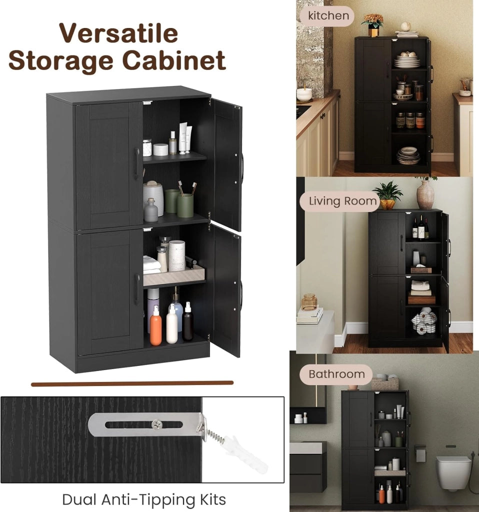 Credenza Alta da Cucina con Ante e Ripiani Regolabili, Mobile Buffet con Dispositivo Antiribaltamento, Armadio Dispensa per Soggiorno, Ingresso, Bagno, 60 x 30 x 110 cm (L x P x A) (Nero)