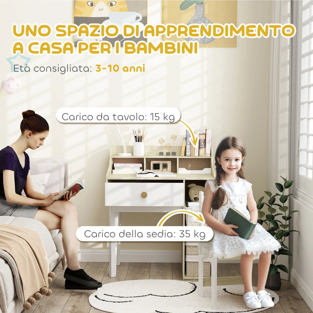 Set Scrivania per Bambini e Sedia in Legno con Scaffale e Cassetto, Et¨¤ 3-10 Anni, Bianco e Legno