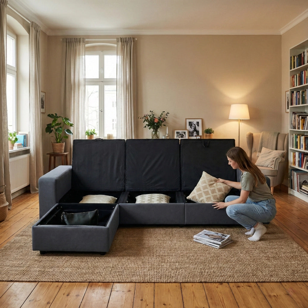 Divano Angolare con Contenitore ¨C MINIMAL ¨C Tessuto, Ottomane, 245 cm