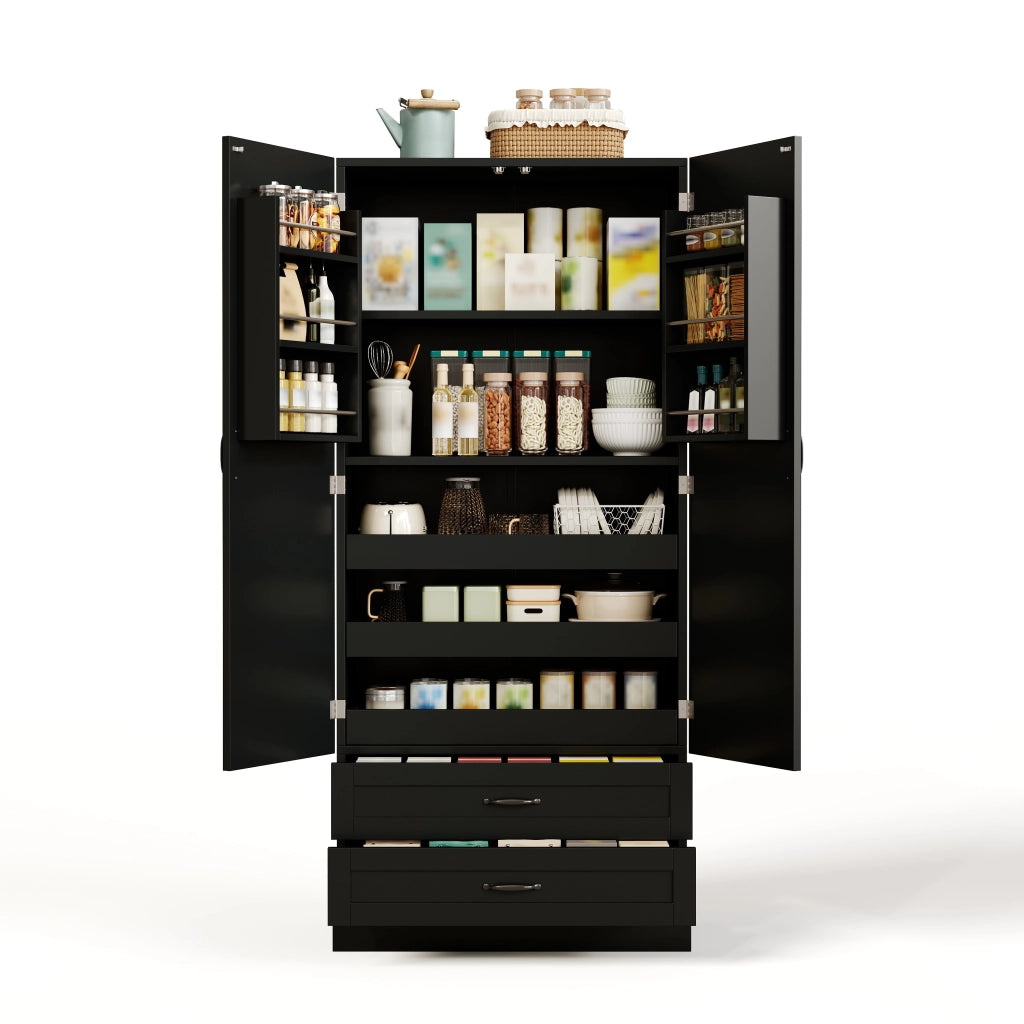 Credenza alta con 3 ripiani estraibili, 2 cassetti e ripiani nelle ante, in MDF nero, per cucina e soggiorno, 80 × 37,5 × 180 cm
